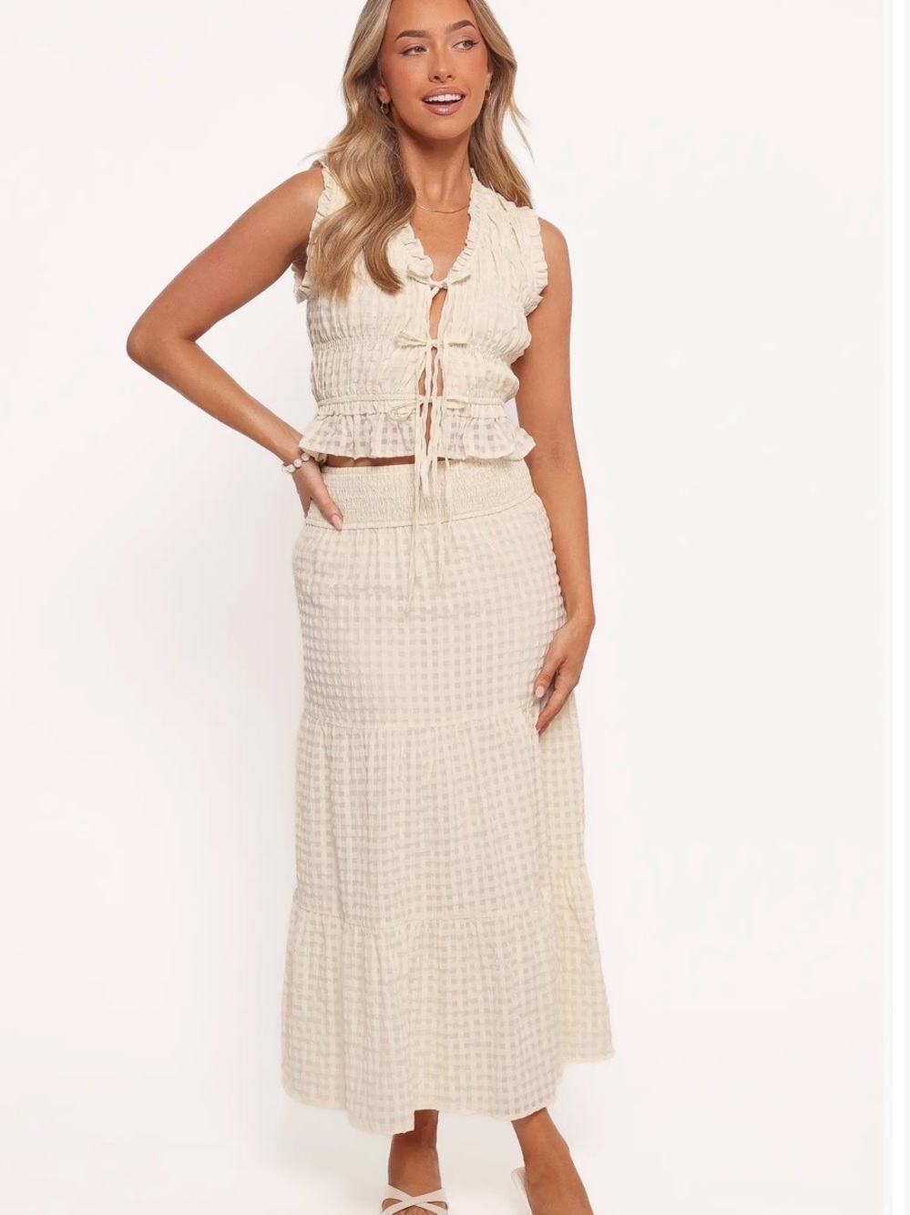 Petal & Pup Farica Seersucker Gingham Tie Front Tank